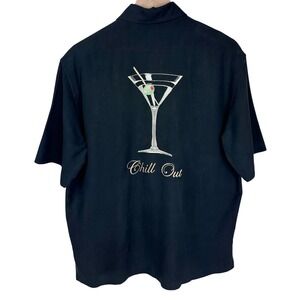 Tori Richard Mens Size S Silk Hawaiian Camp Shirt S/S Black Embroidered Martini